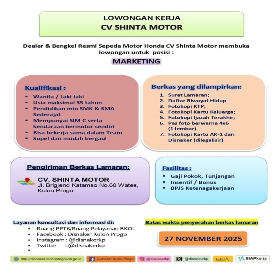 LOWONGAN KERJA CV SHINTA MOTOR
