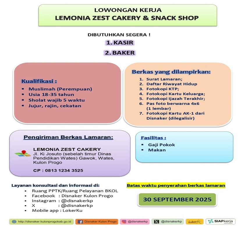 LOWONGAN PEKERJAAN LEMONIA ZEST CAKERY & SNACK SHOP