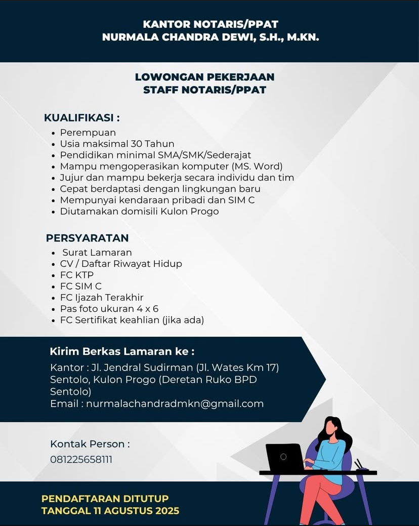 LOWONGAN PEKERJAAN STAFF NOTARIS/PPAT