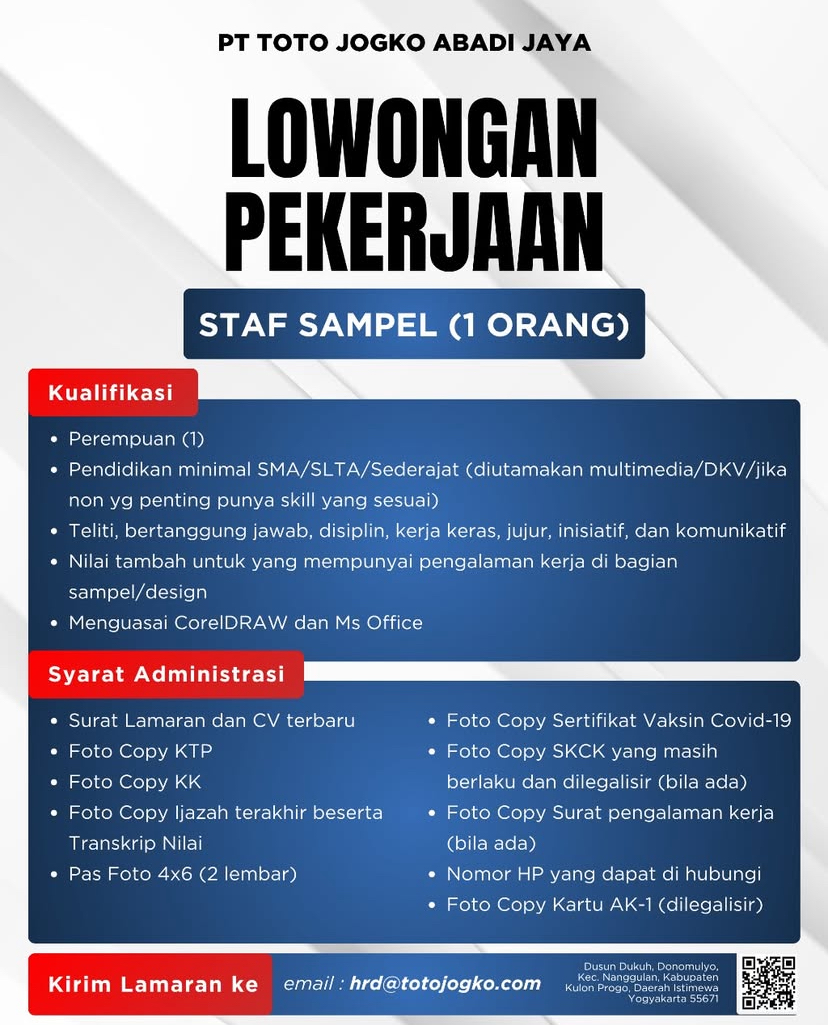LOWONGAN KERJA PT TOTO JOGKO ABADI JAYA