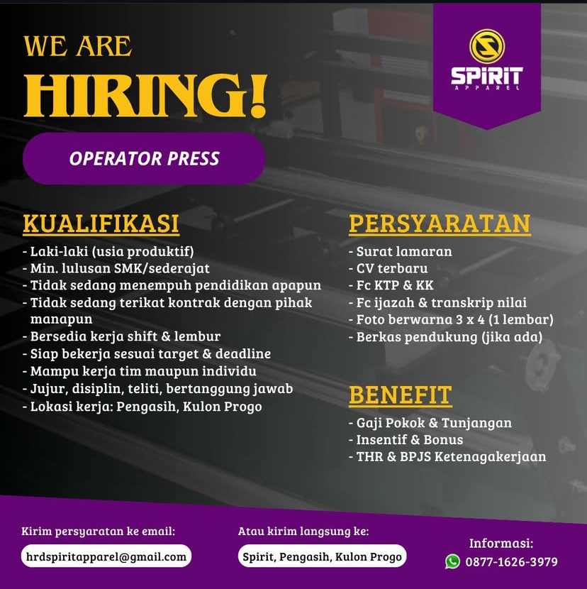 LOWONGAN PEKERJAAN SPIRIT APPAREL