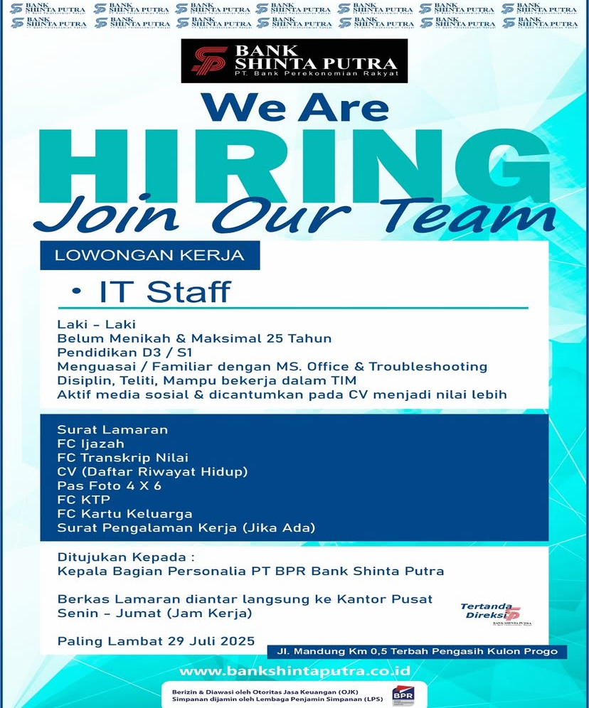 LOWONGAN PEKERJAAN PT BANK SHINTA PUTRA