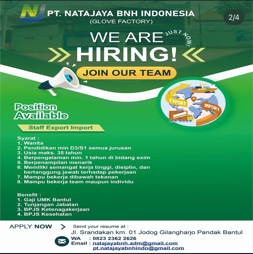 LOWONGAN PEKERJAAN PT NATAJAYA BNH INDONESIA